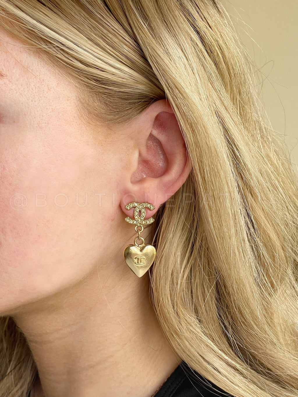 Chanel 02P Gold Crystal CC Heart Drop Earrings