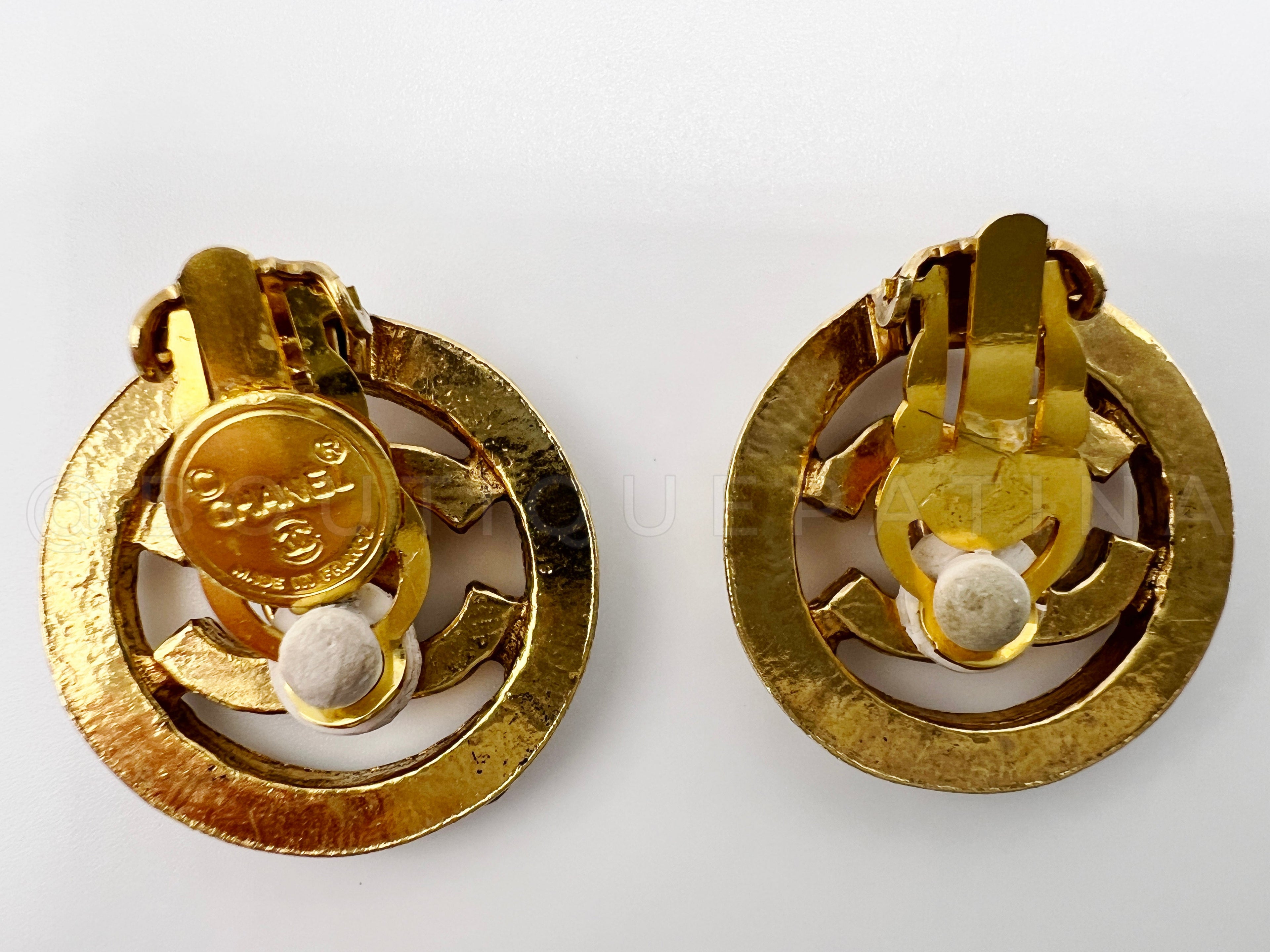 Chanel 80s Crystal Studded Encircled CC Stud Earrings Gold Plated