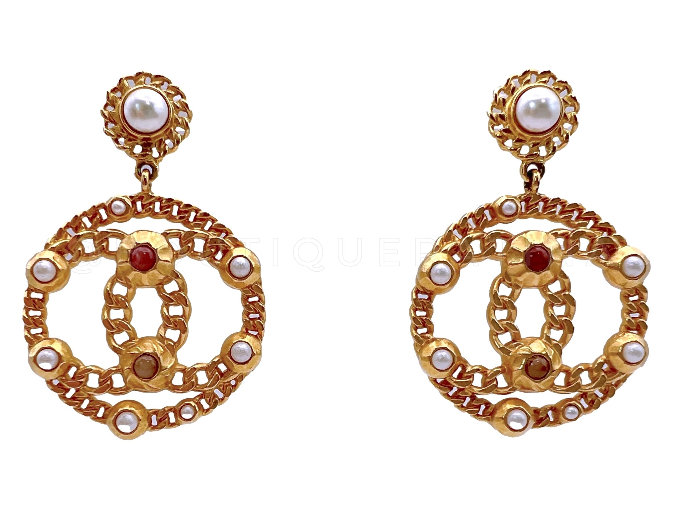 Chanel 18K Encircled CC Chain Logo Hoop Drop Earrings W8J