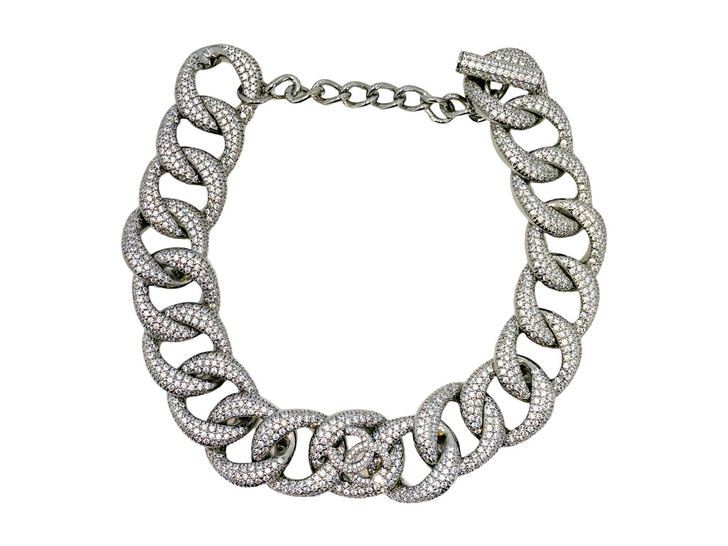 Rare Chanel 22C Strass Covered Chunky Chain Choker Silver Crystal Necklace FGO