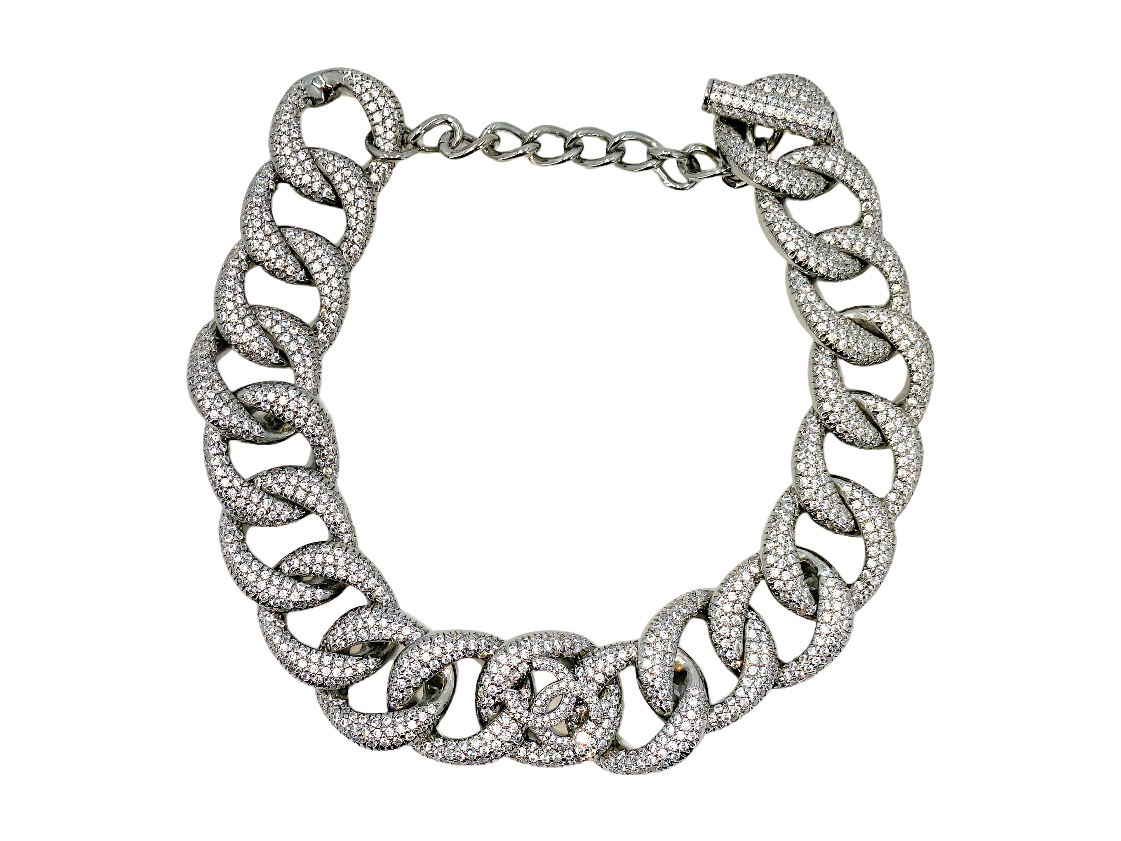 Rare Chanel 22C Strass Covered Chunky Chain Choker Silver Crystal Necklace FGO