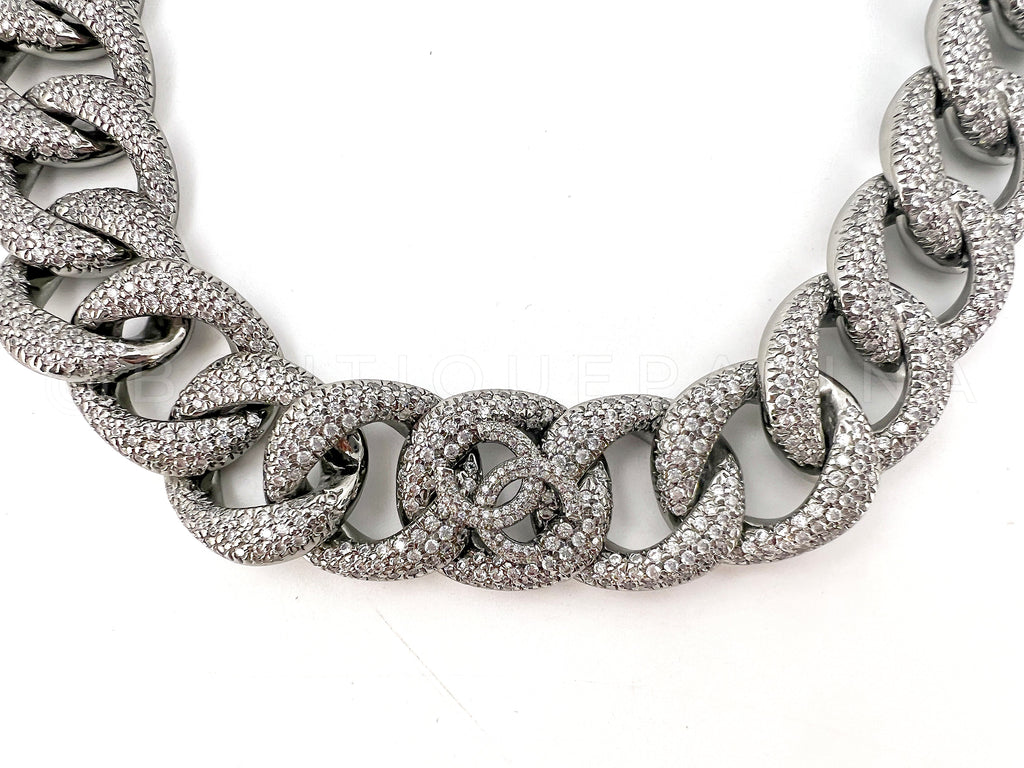 Rare Chanel 22C Strass Covered Chunky Chain Choker Silver Crystal Necklace FGO