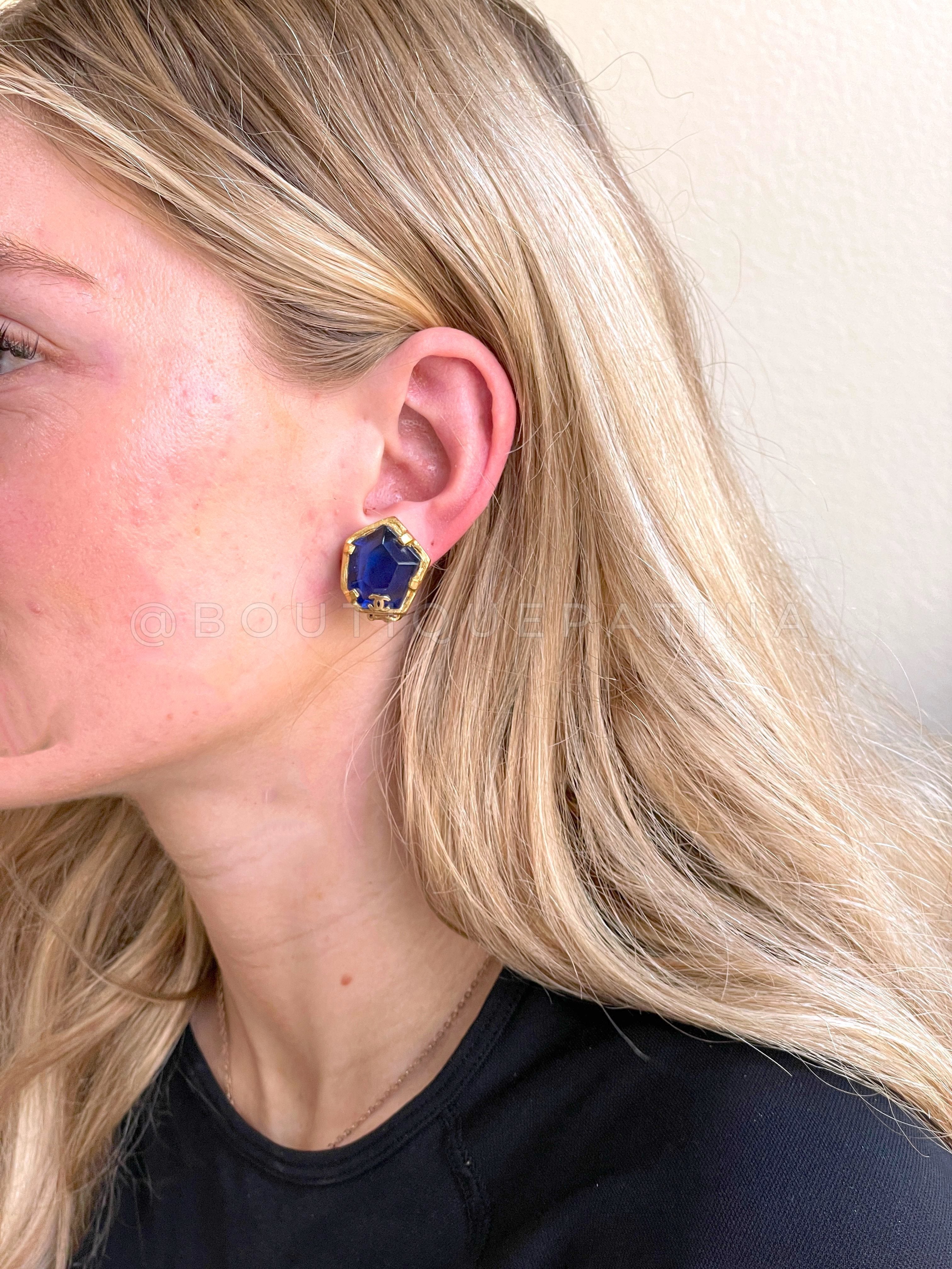 Chanel 01A Vintage Blue Crystal Glass Prong CC Stud Earrings