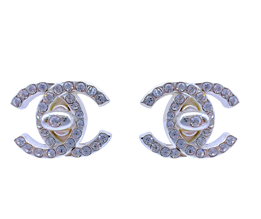 Chanel Silver Crystal Turnlock Stud Earrings Classic 95A Studded