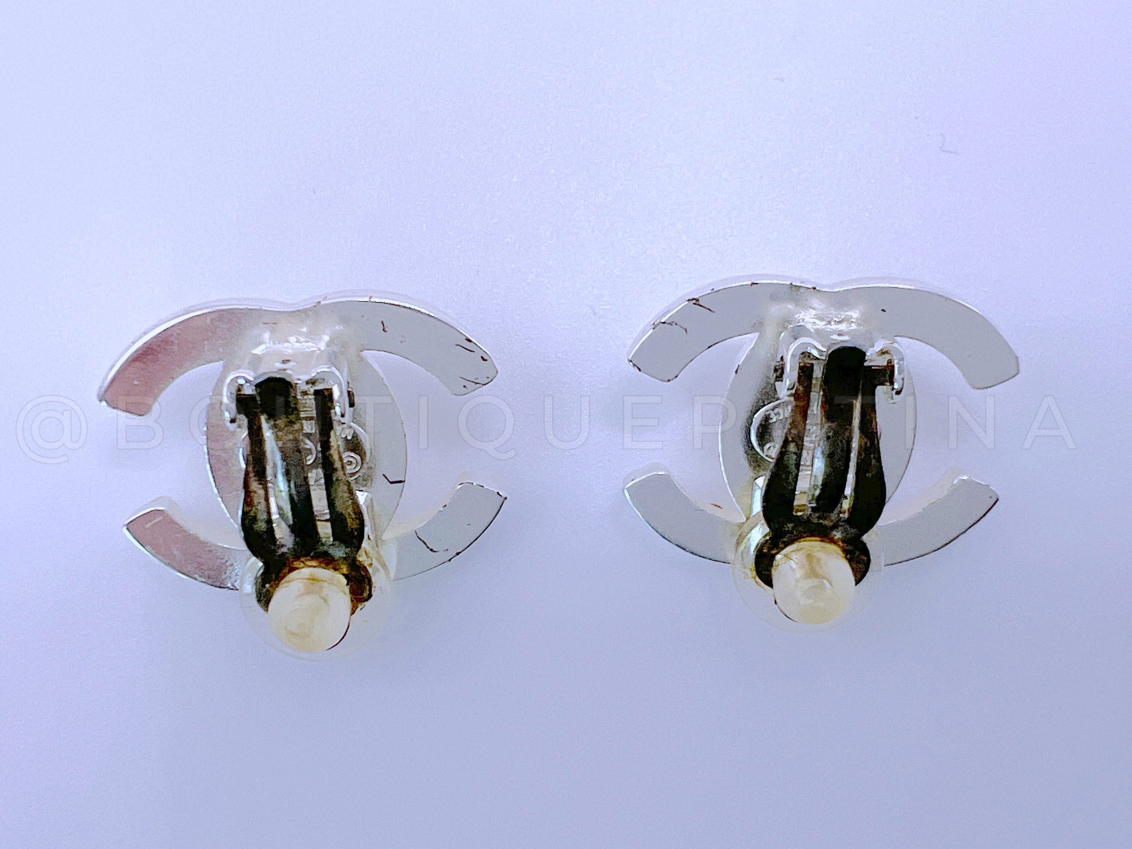 Chanel Silver Crystal Turnlock Stud Earrings Classic 95A Studded