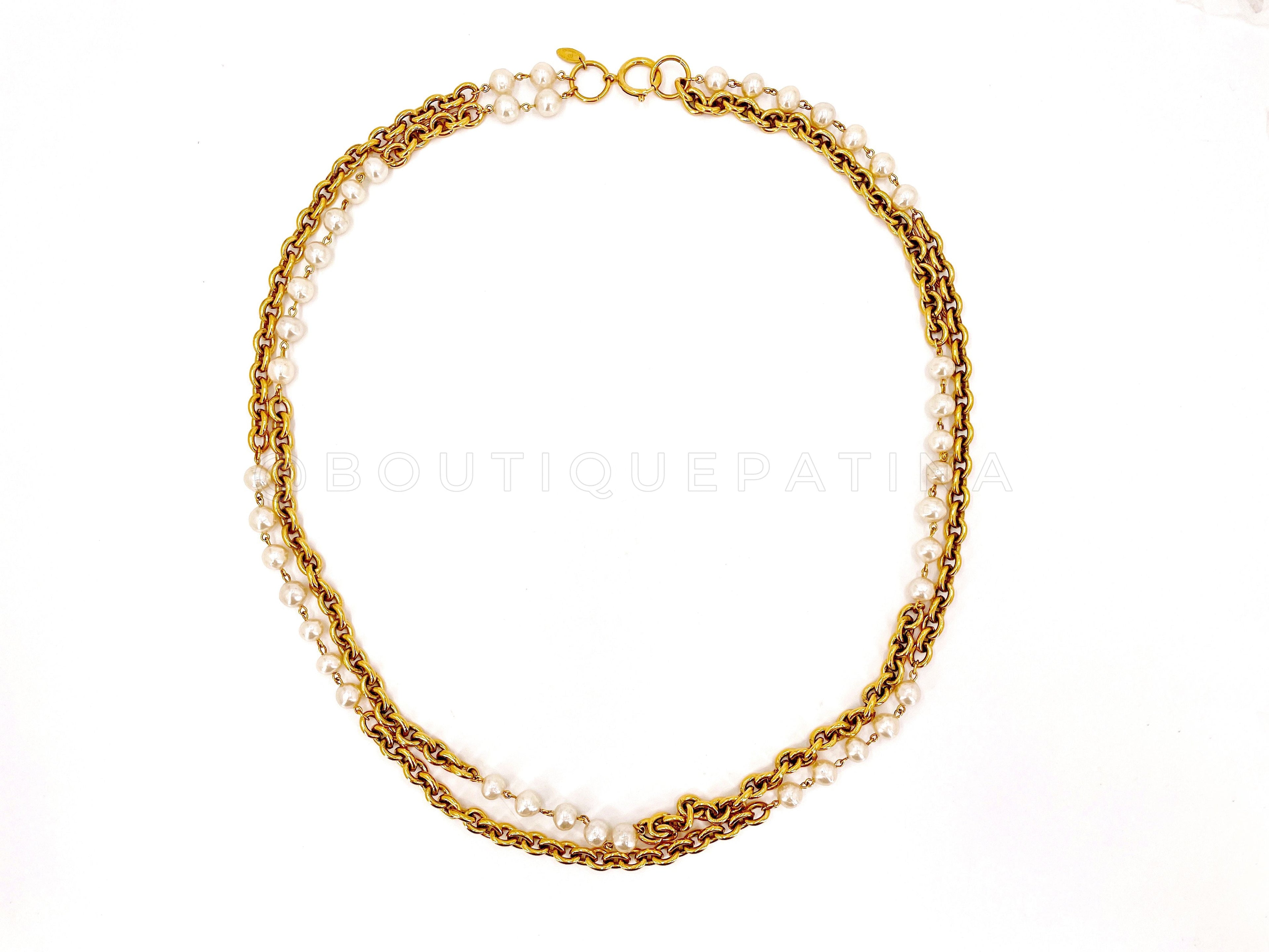 Chanel Vintage 36-72" Pearl and Gold Plated Long Station Necklace