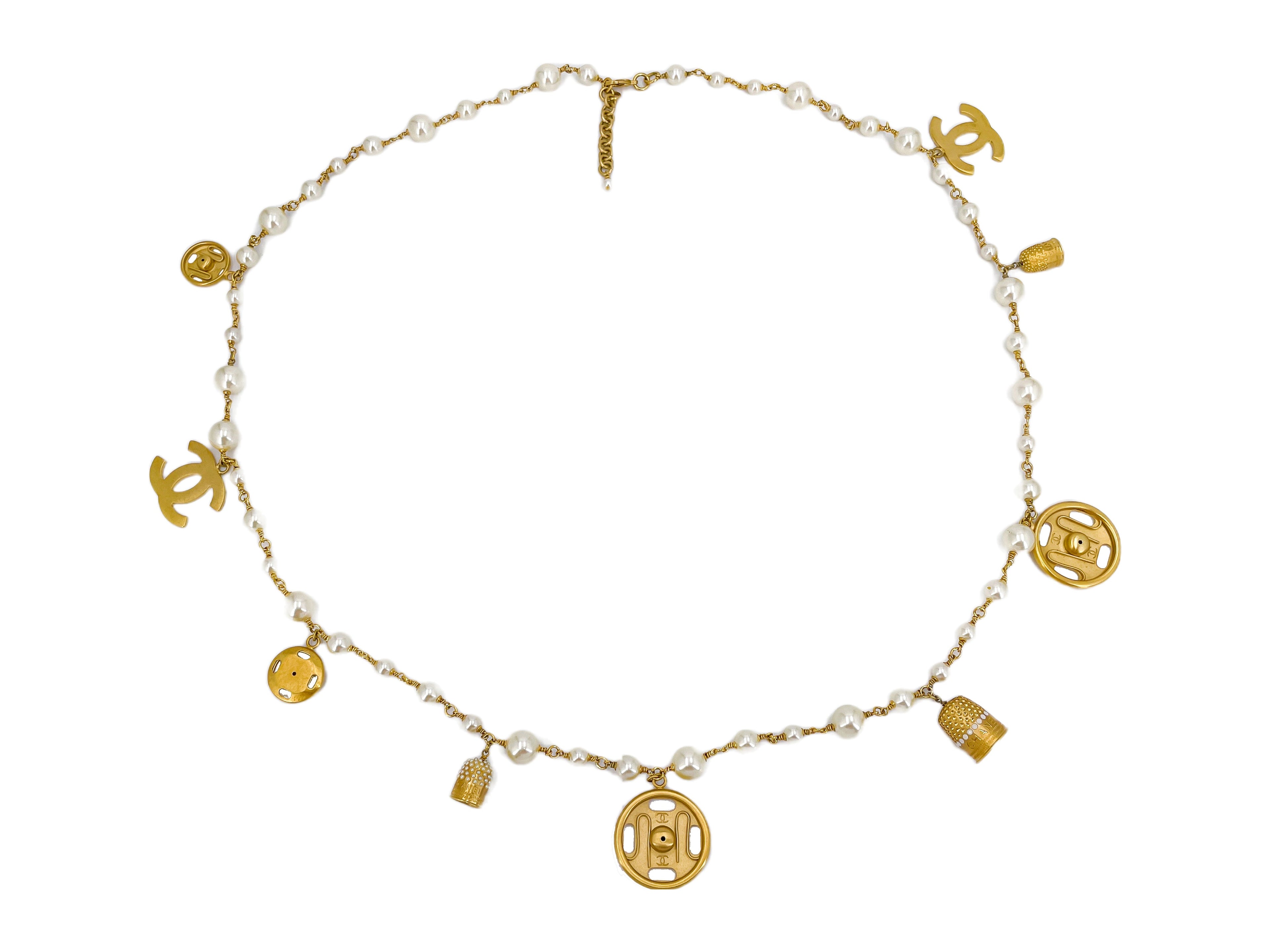 Rare Chanel 03A Seamstress Charm Belt Necklace Pearl Brushed Gold Y02