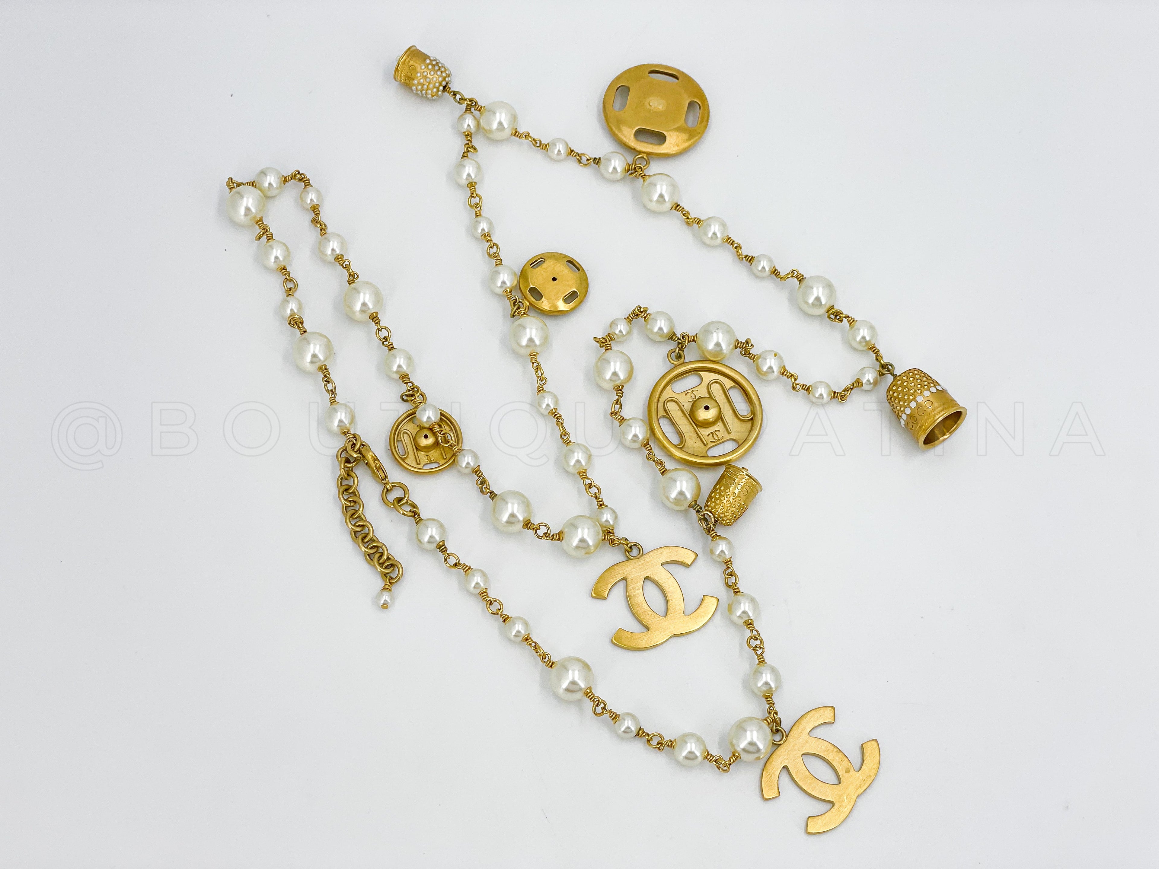 Rare Chanel 03A Seamstress Charm Belt Necklace Pearl Brushed Gold Y02
