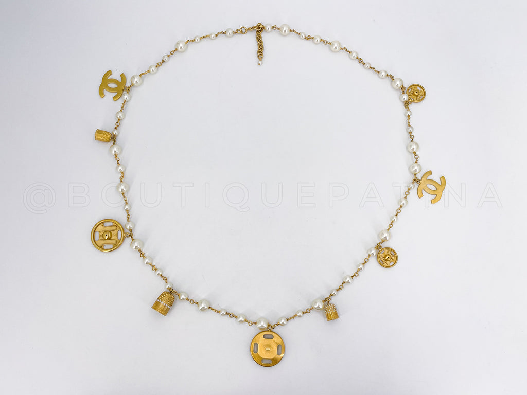 Rare Chanel 03A Seamstress Charm Belt Necklace Pearl Brushed Gold Y02