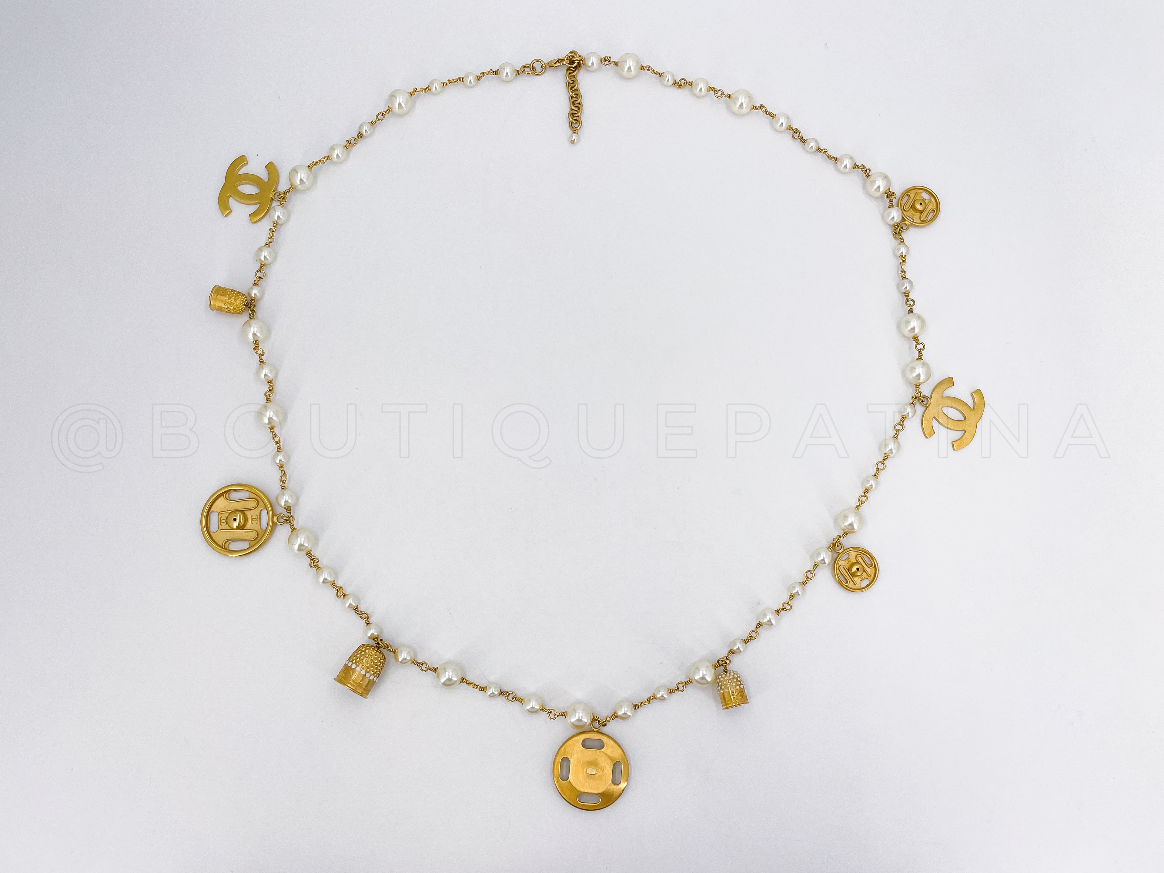 Rare Chanel 03A Seamstress Charm Belt Necklace Pearl Brushed Gold Y02