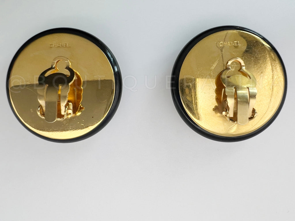 Chanel 80s Black and Gold Giant Tweed Button Stud Earrings