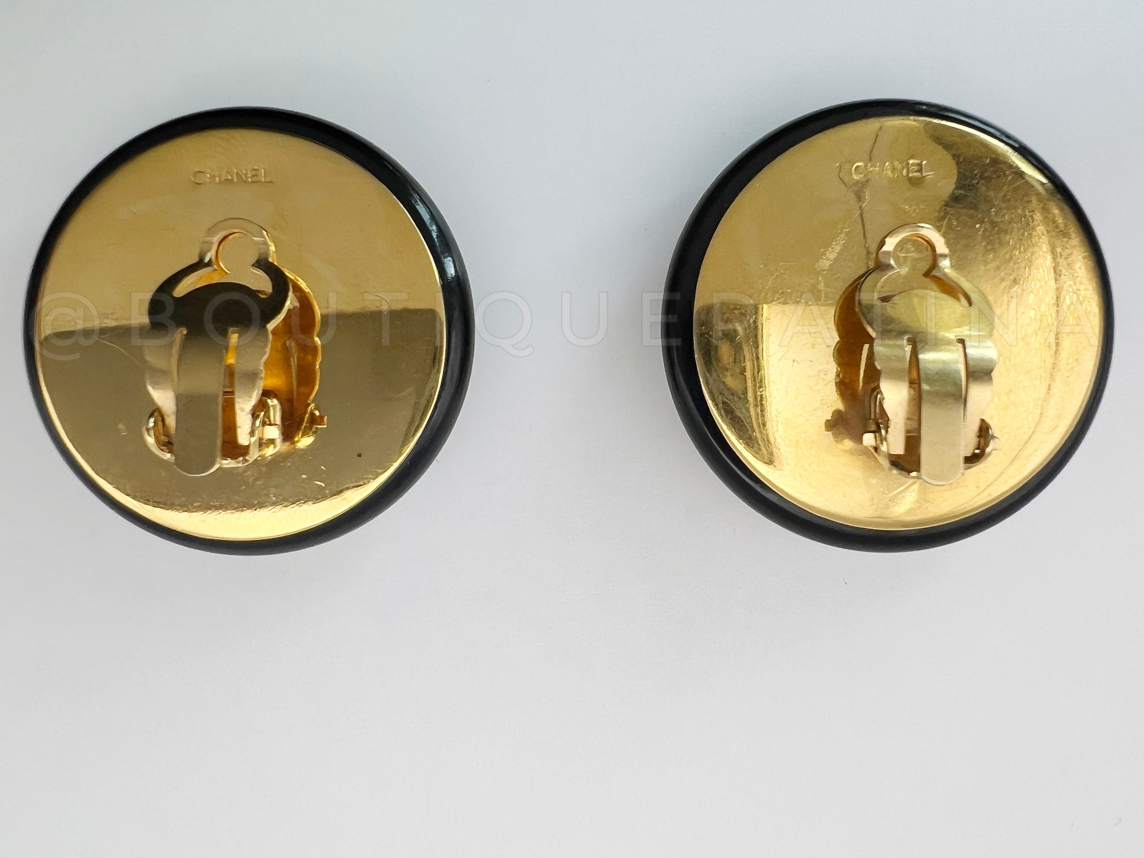 Chanel 80s Black and Gold Giant Tweed Button Stud Earrings