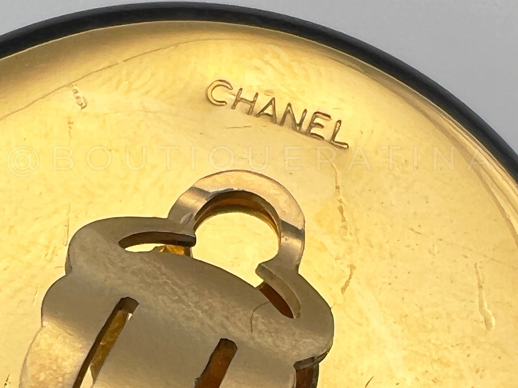 Chanel 80s Black and Gold Giant Tweed Button Stud Earrings