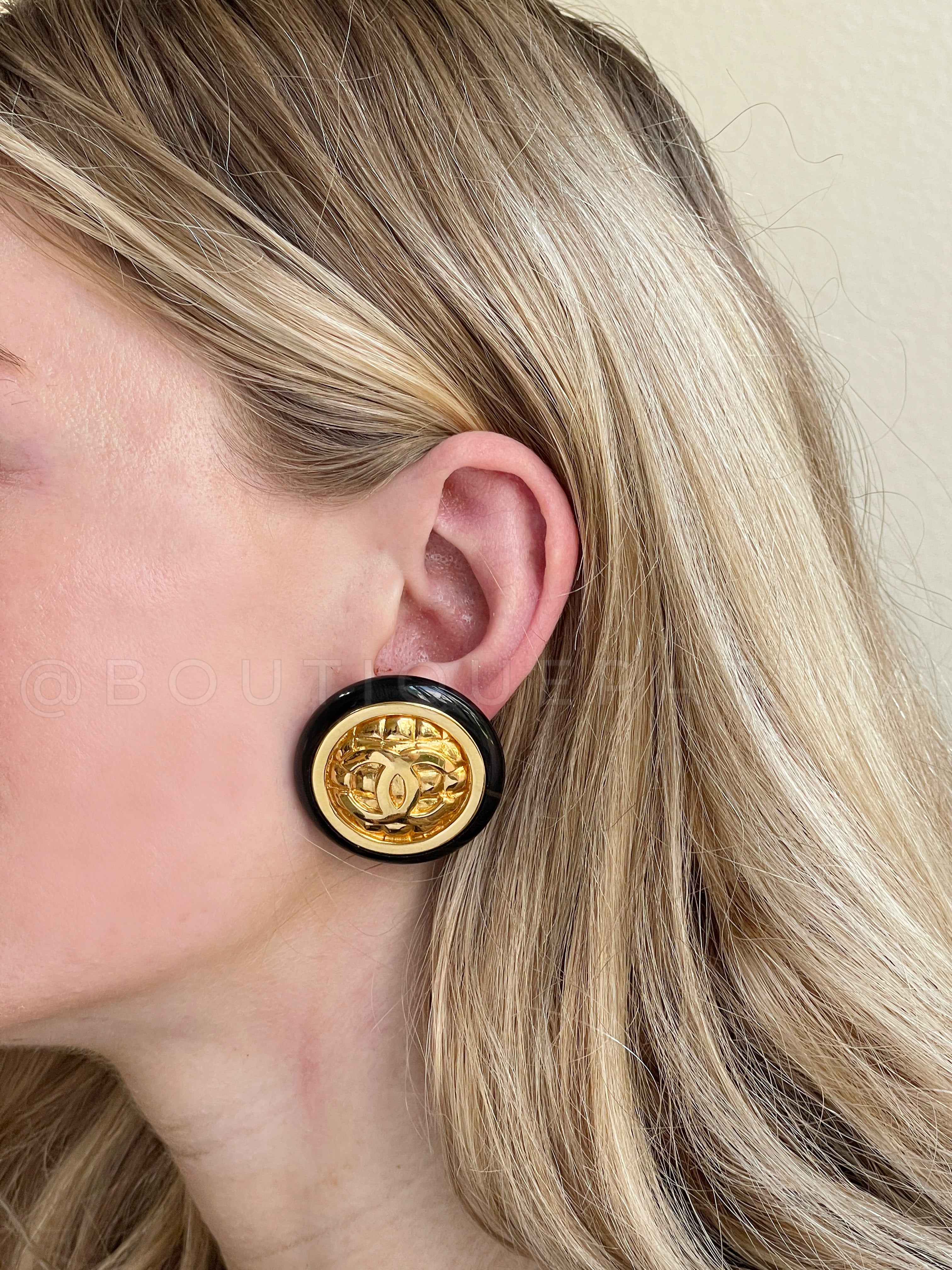 Chanel 80s Black and Gold Giant Tweed Button Stud Earrings