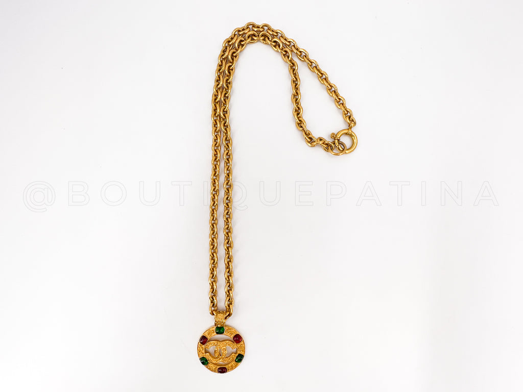 Chanel 94A Vintage Red and Green Gripoix Encircled CC Long Necklace Gold