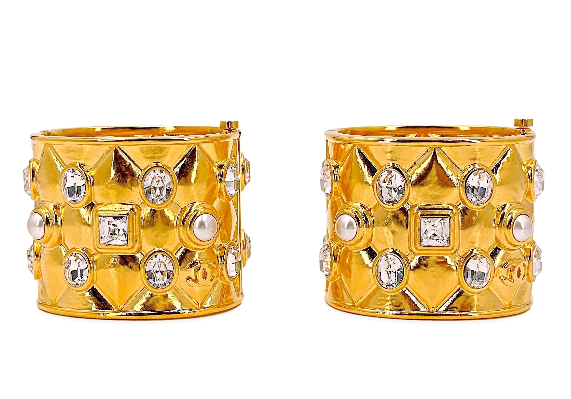 Chanel 21A Quilted Crystal Pearl Cuff Bracelet Set of 2