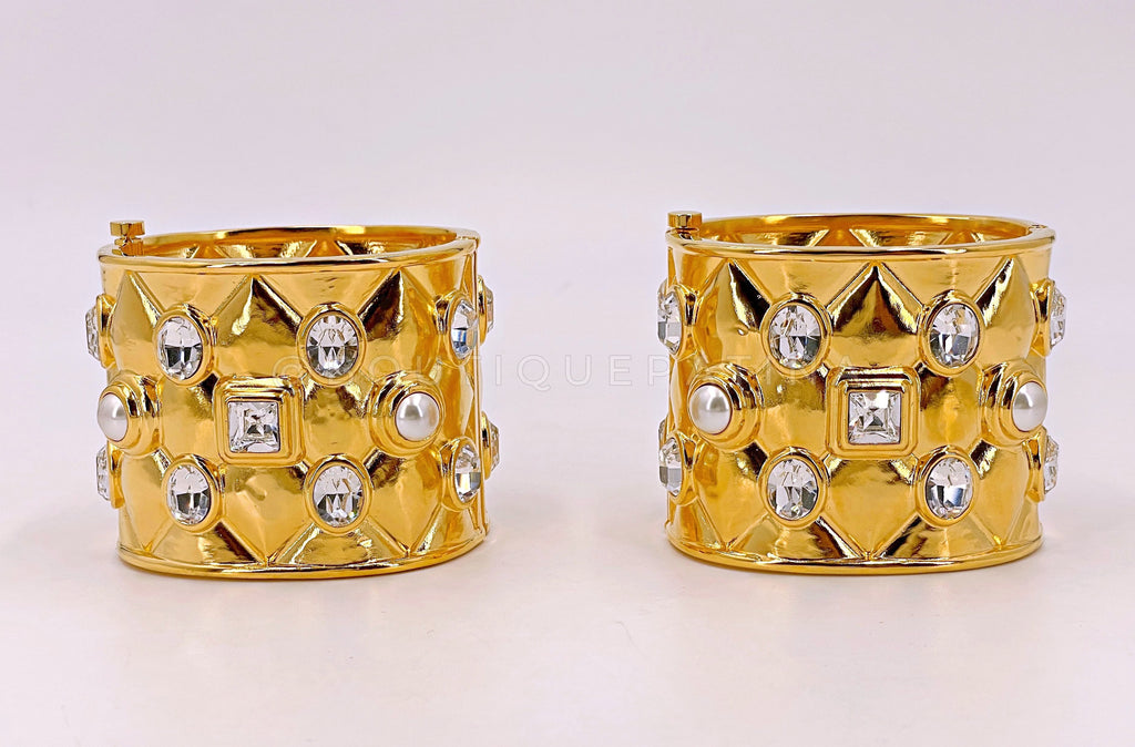 Chanel 21A Quilted Crystal Pearl Cuff Bracelet Set of 2