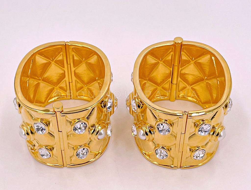 Chanel 21A Quilted Crystal Pearl Cuff Bracelet Set of 2