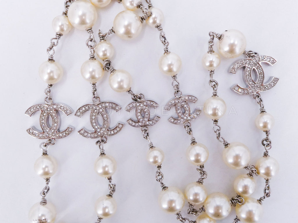 Chanel Classic Opera Pearl and Crystal CC Strand Necklace Silver 15V