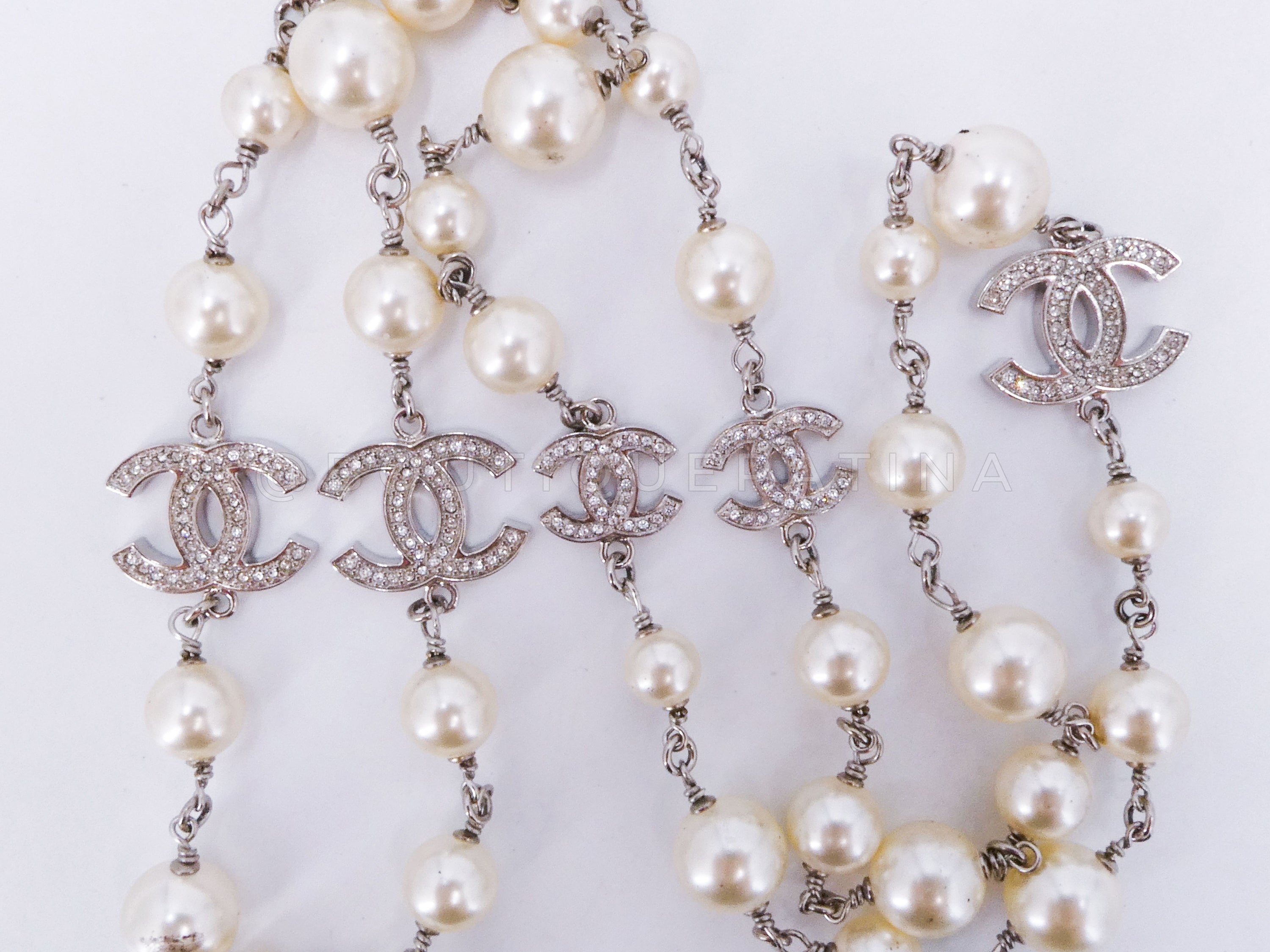 Chanel Classic Opera Pearl and Crystal CC Strand Necklace Silver 15V