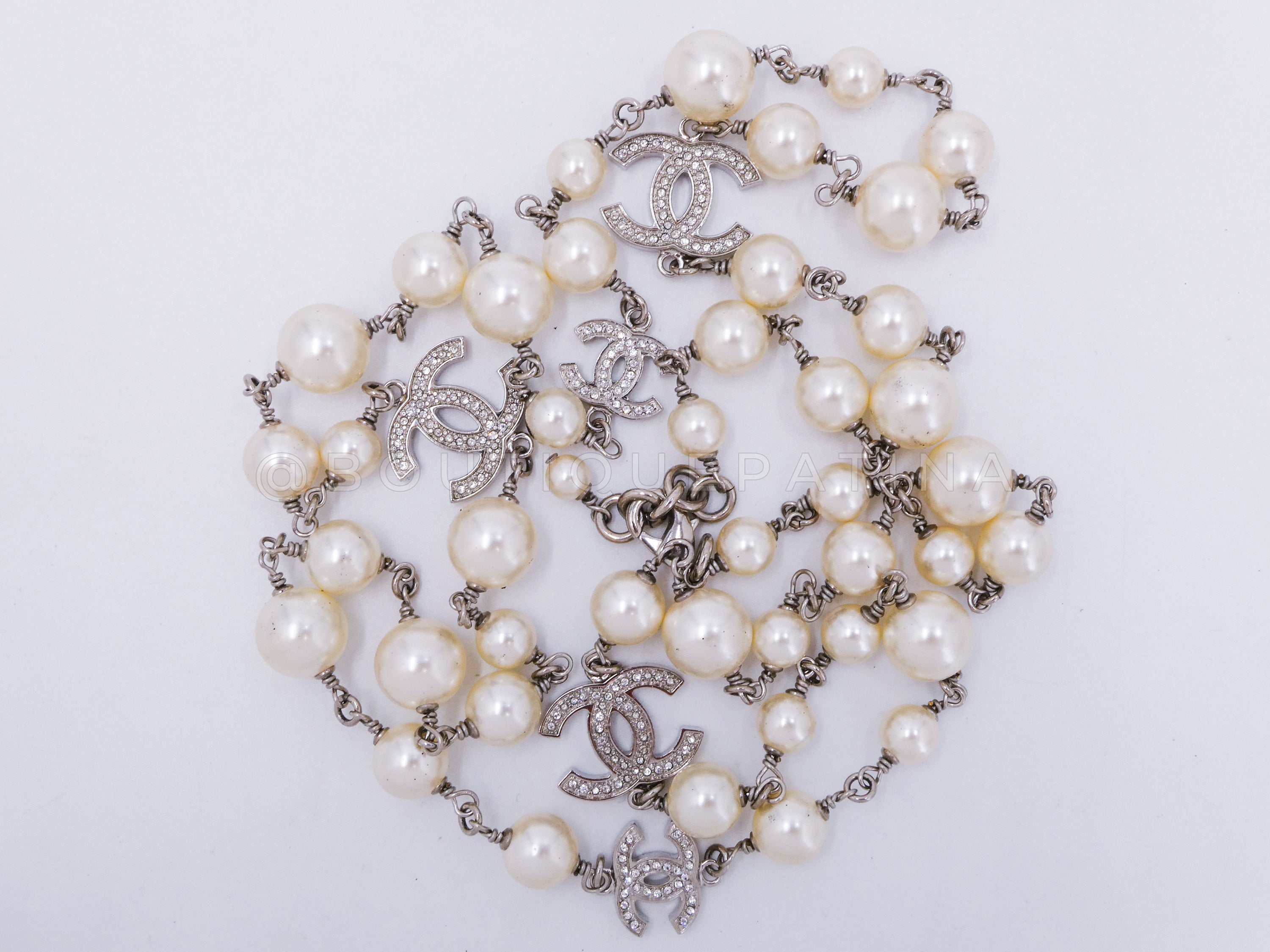 Chanel Classic Opera Pearl and Crystal CC Strand Necklace Silver 15V