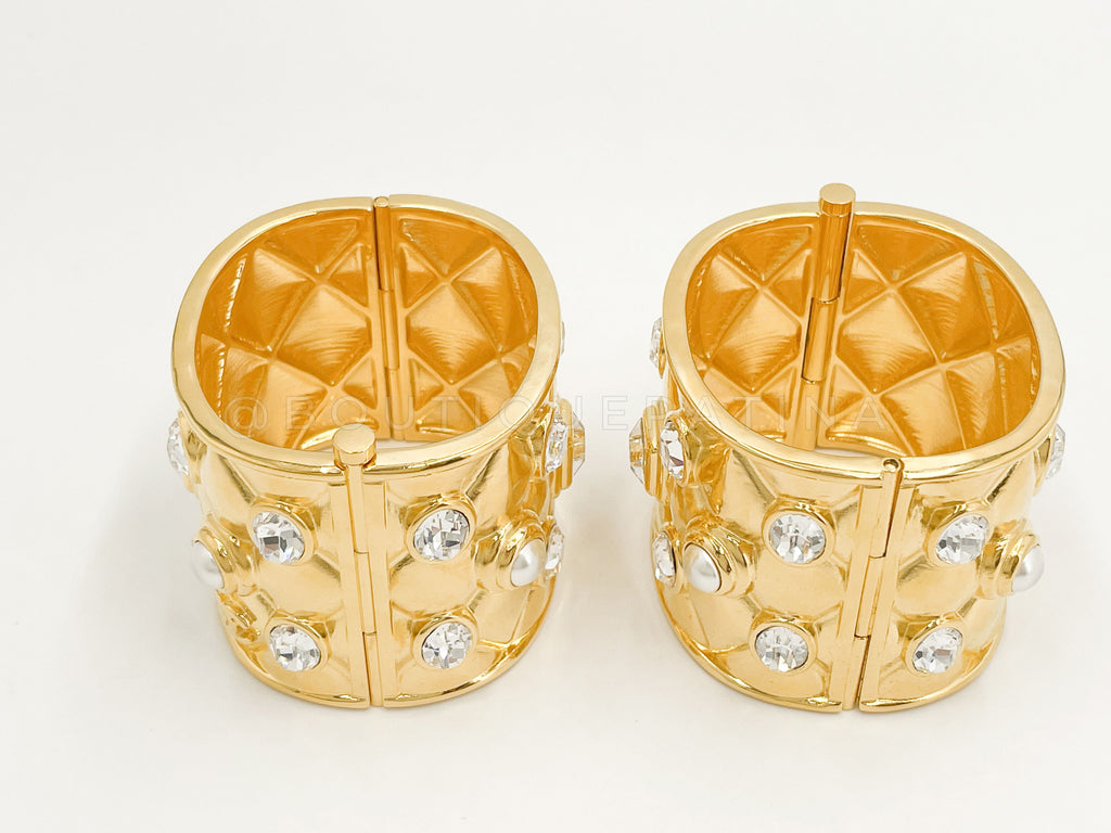 Chanel 21A Quilted Crystal Pearl Cuff Bracelet Set of 2