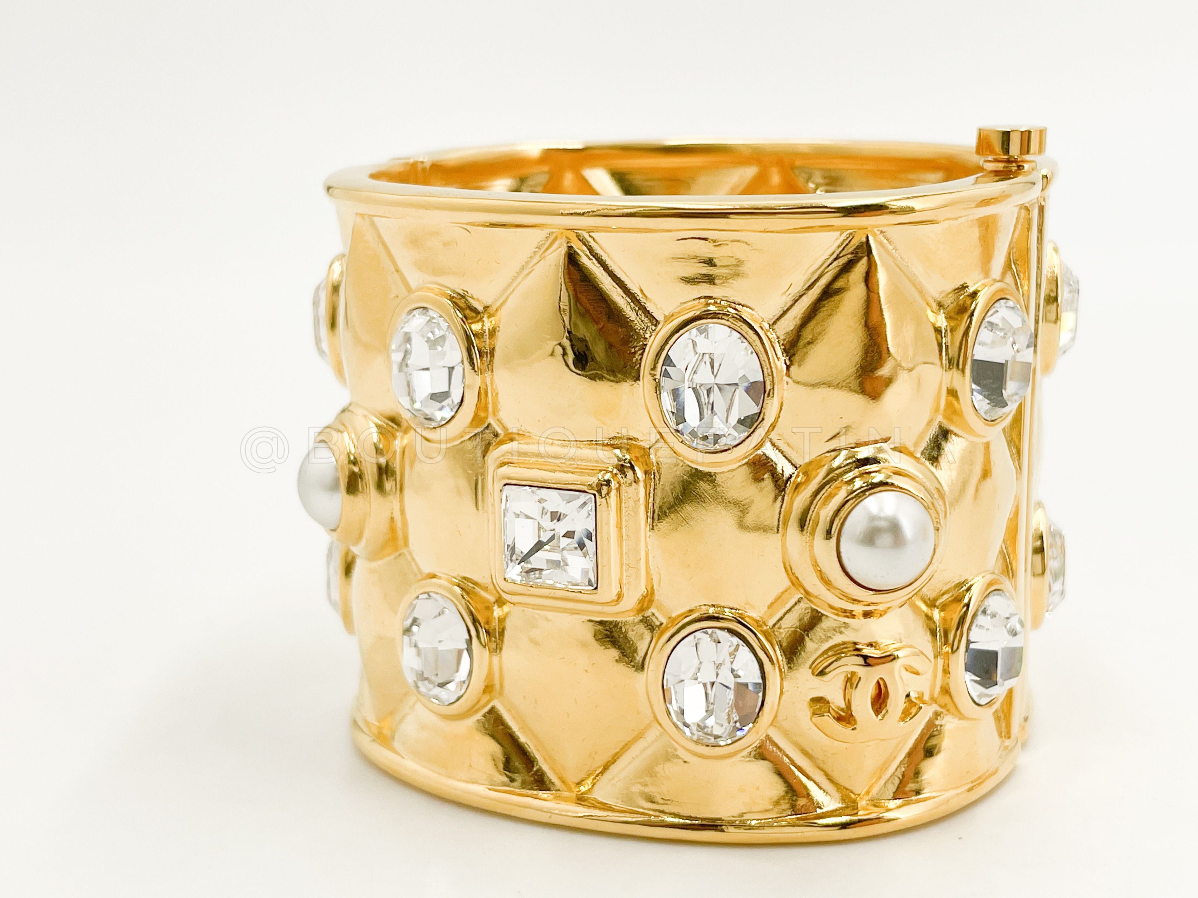 Chanel 21A Quilted Crystal Pearl Cuff Bracelet Set of 2