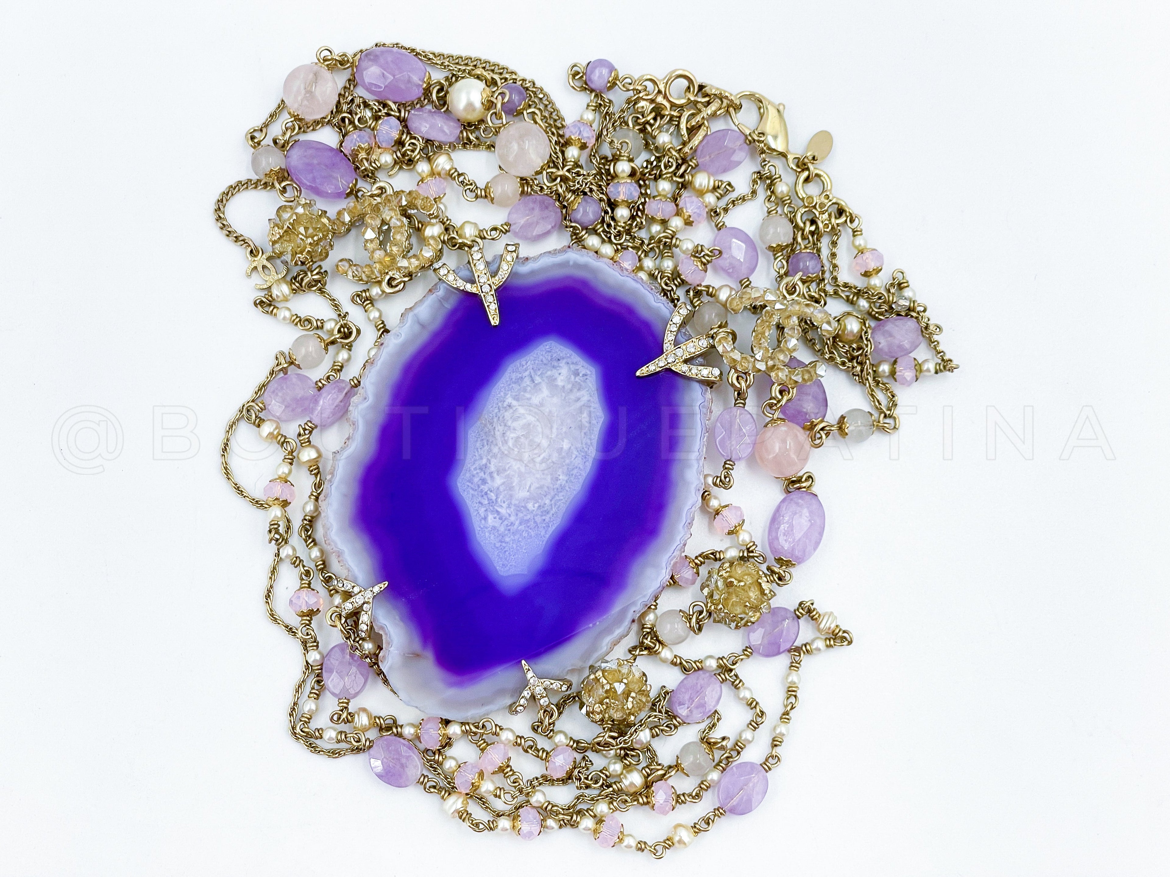 Chanel 12A Violet Purple Agate Stone Crystal Beaded 6 Strand Necklace