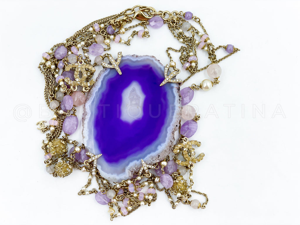 Chanel 12A Violet Purple Agate Stone Crystal Beaded 6 Strand Necklace