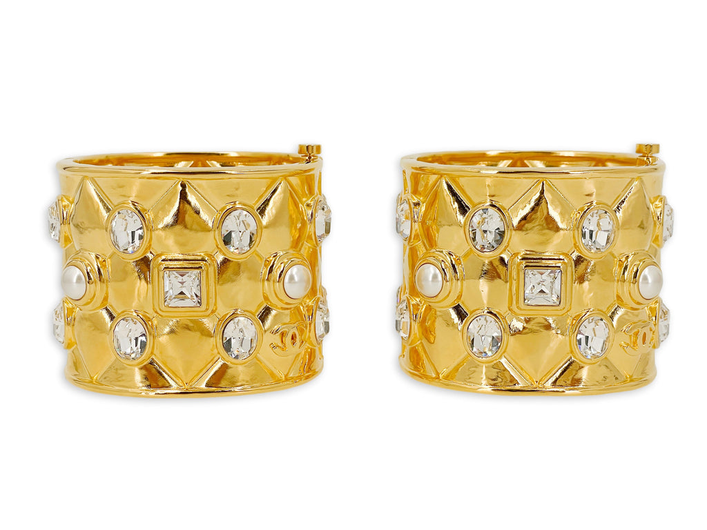 Chanel 21A Crystal and Pearl Quilted Cuff Bracelet Set of 2