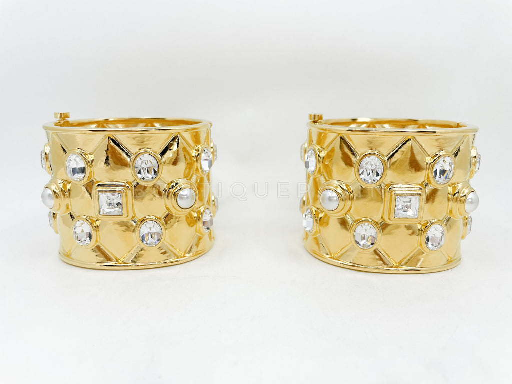 Chanel 21A Crystal and Pearl Quilted Cuff Bracelet Set of 2