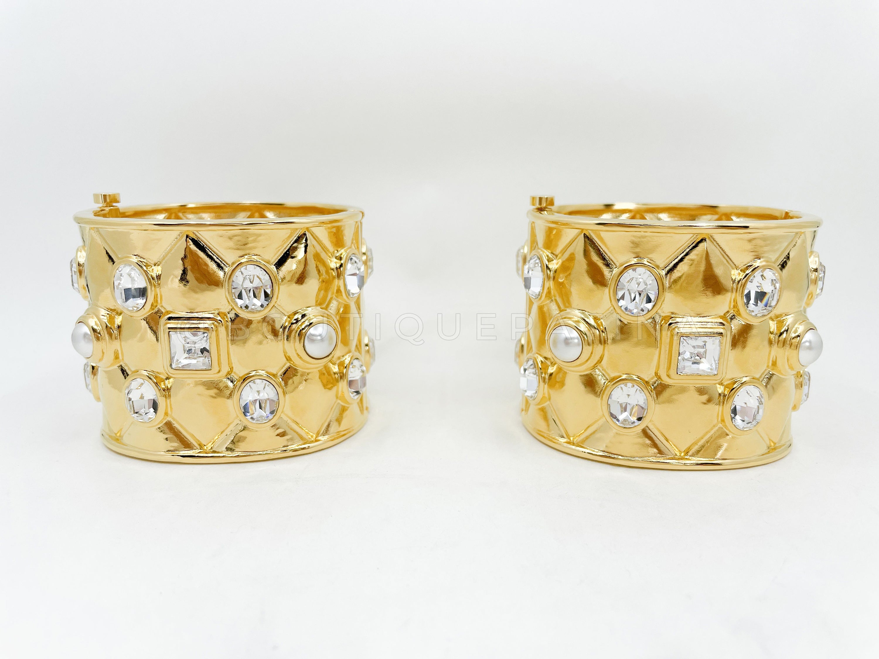 Chanel 21A Crystal and Pearl Quilted Cuff Bracelet Set of 2