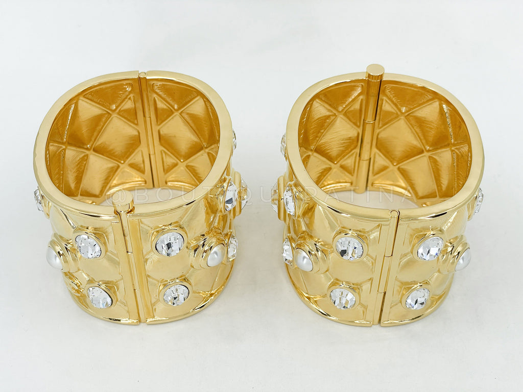 Chanel 21A Crystal and Pearl Quilted Cuff Bracelet Set of 2