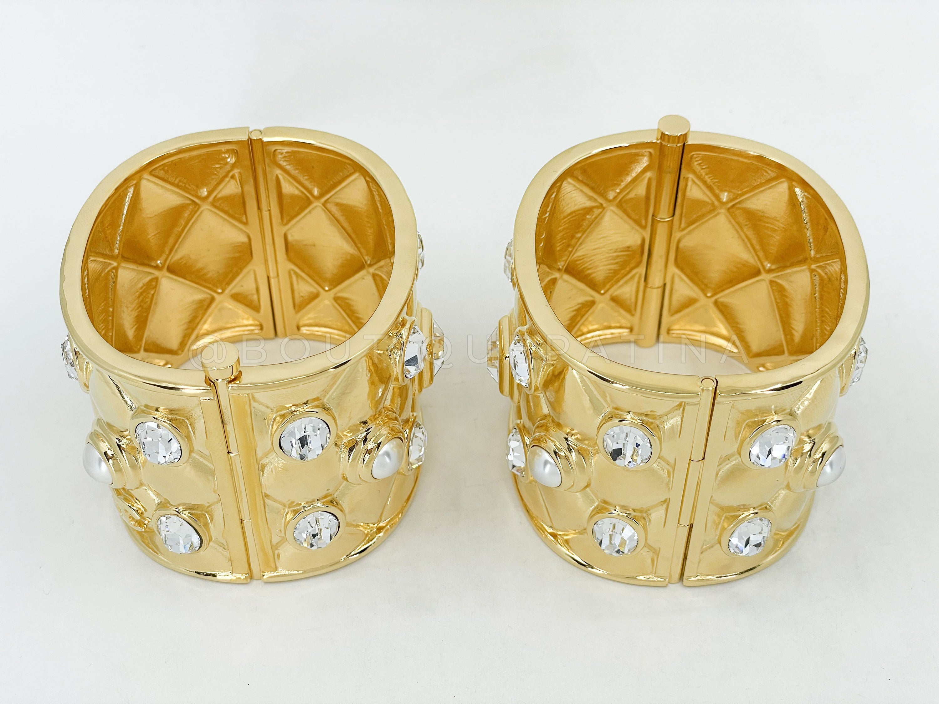 Chanel 21A Crystal and Pearl Quilted Cuff Bracelet Set of 2