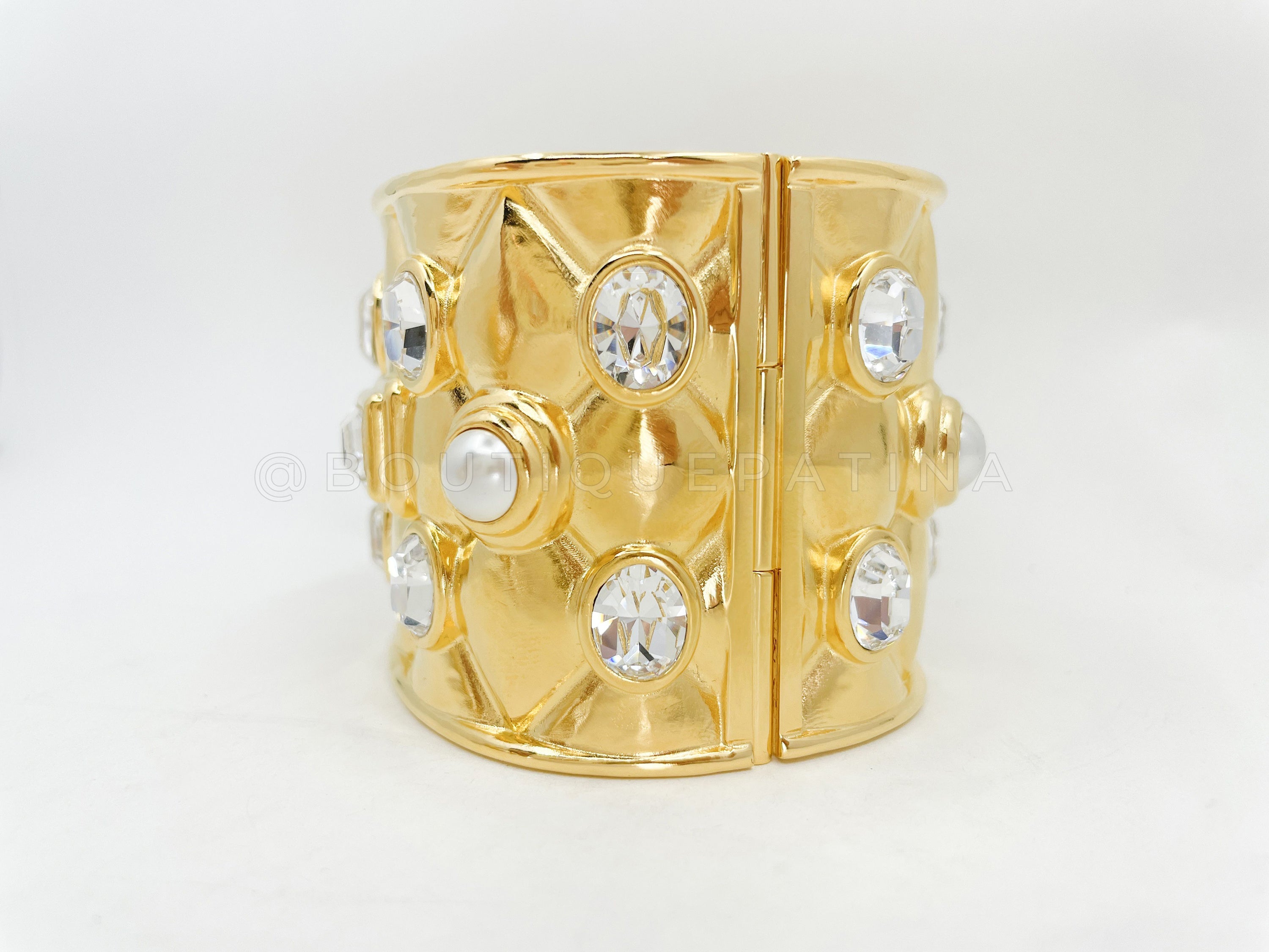 Chanel 21A Crystal and Pearl Quilted Cuff Bracelet Set of 2