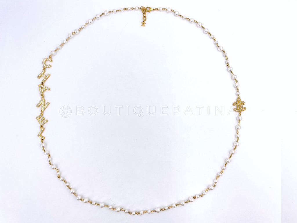 Chanel 20P Crystal Letter Logo Pearl Station Long Necklace