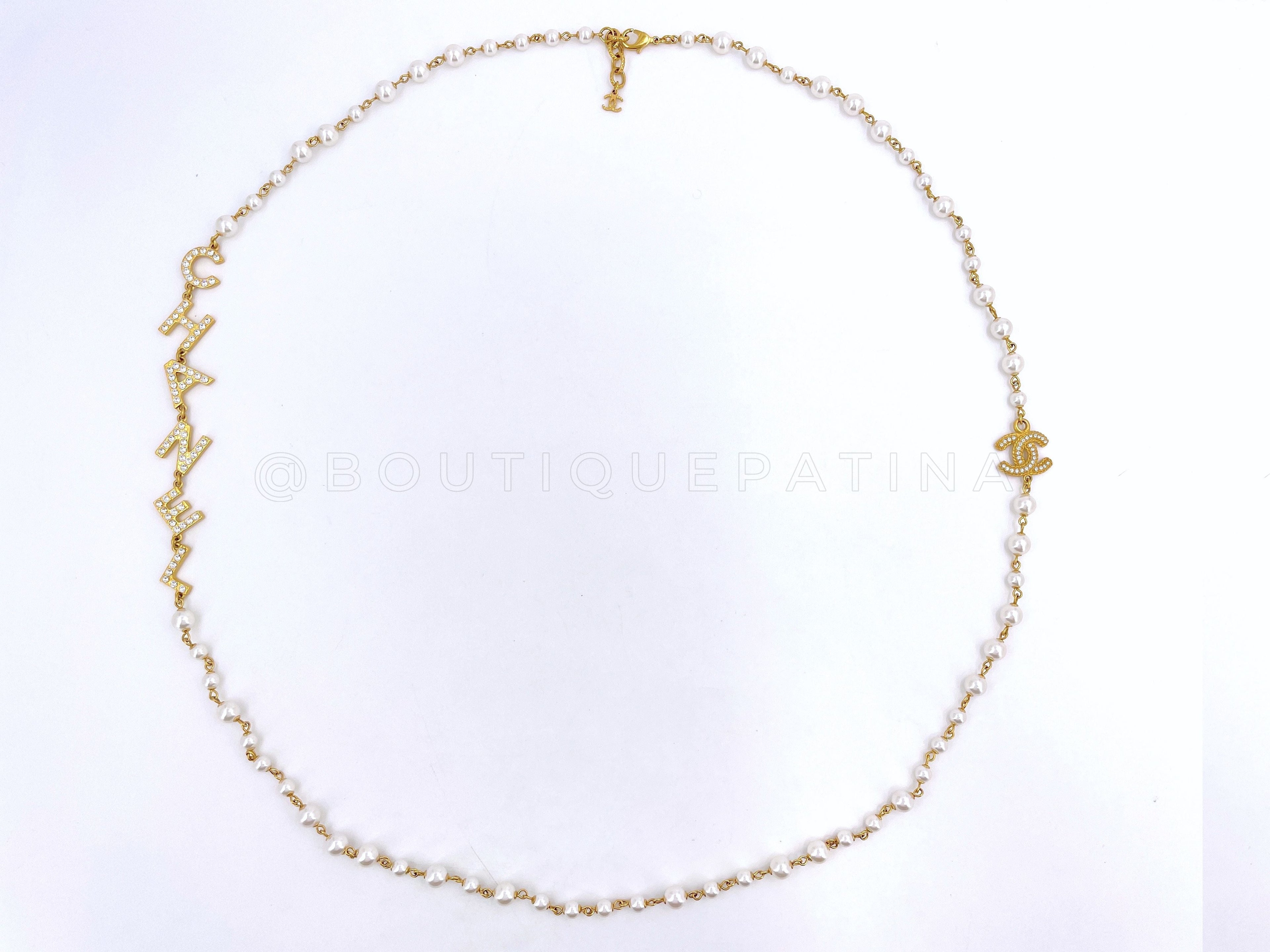 Chanel 20P Crystal Letter Logo Pearl Station Long Necklace