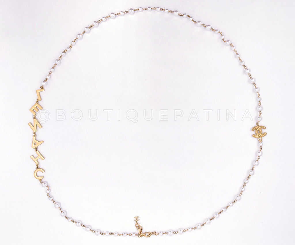Chanel 20P Crystal Letter Logo Pearl Station Long Necklace