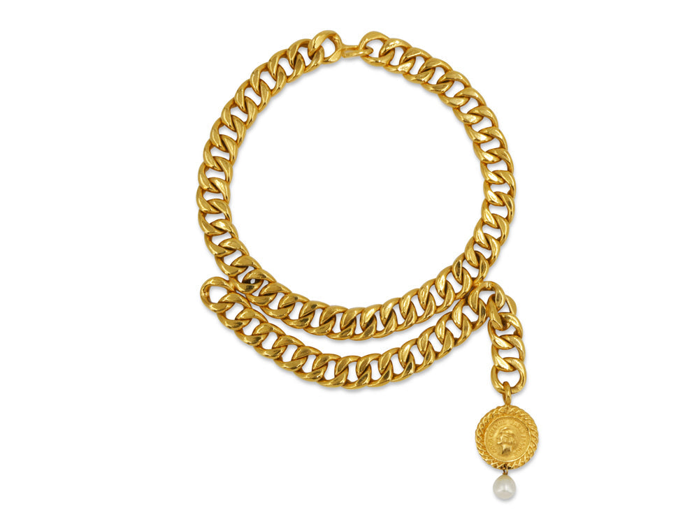 Chanel Vintage Choker Necklace 80s Coin Pearl Pendant Chain 24k GHW