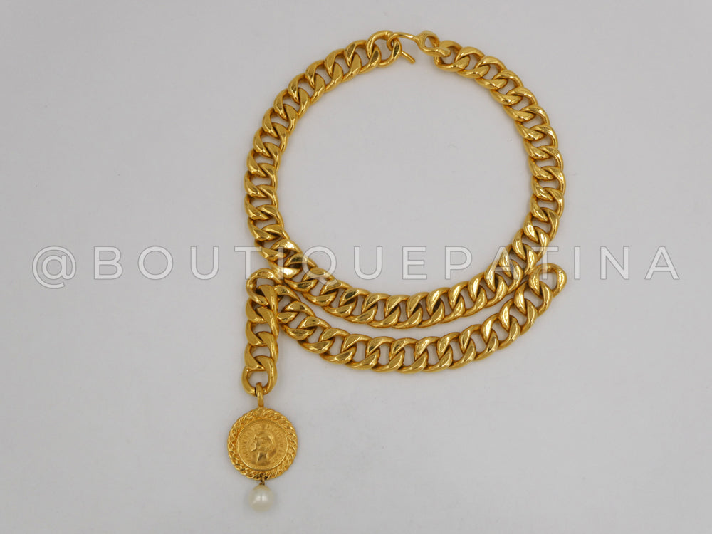 Chanel Vintage Choker Necklace 80s Coin Pearl Pendant Chain 24k GHW