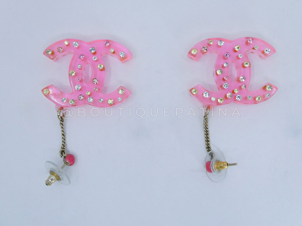 Chanel Vintage 04A Pink Clear Resin CC Logo Crystal Studded Drop Earrings