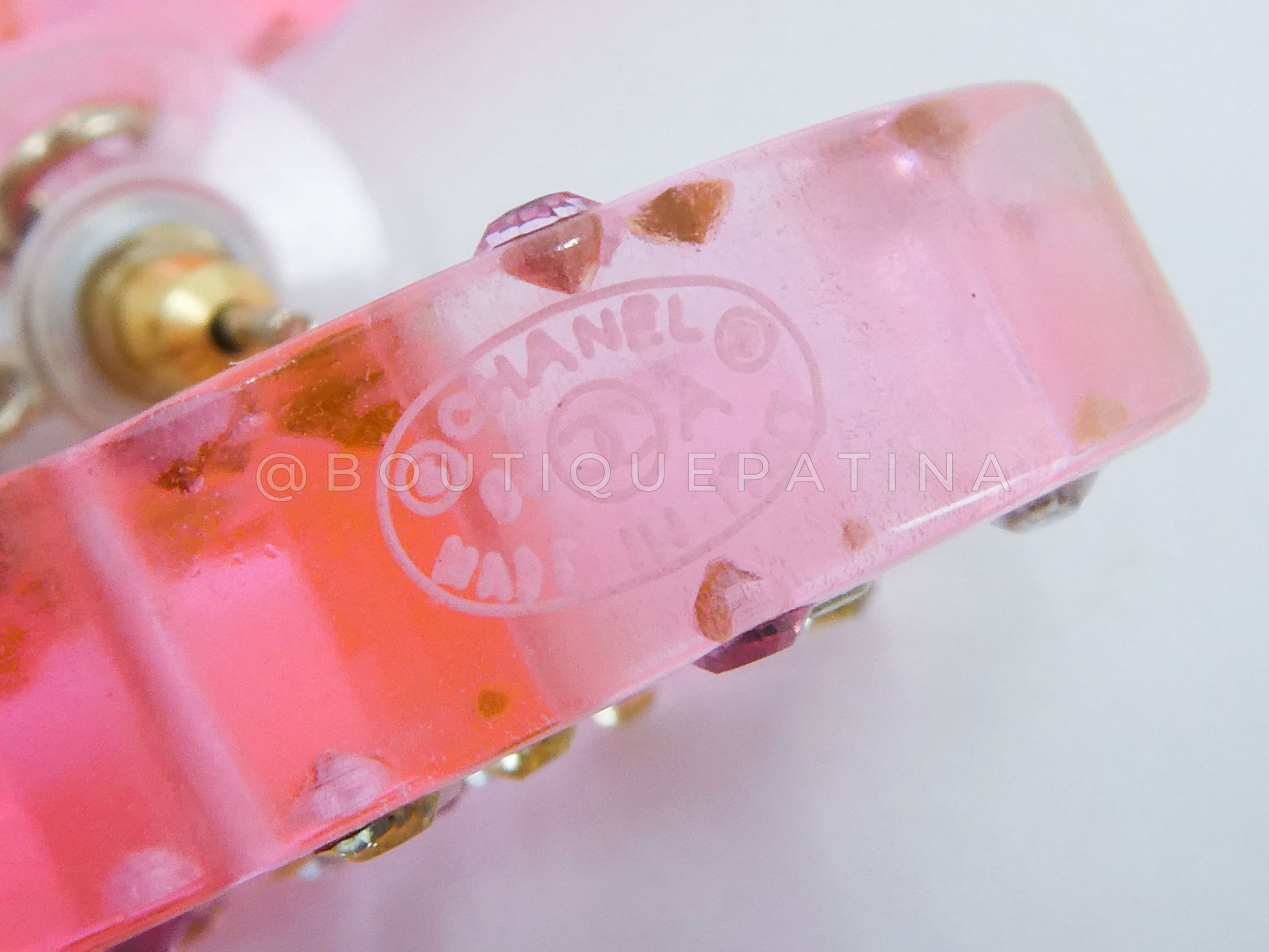 Chanel Vintage 04A Pink Clear Resin CC Logo Crystal Studded Drop Earrings