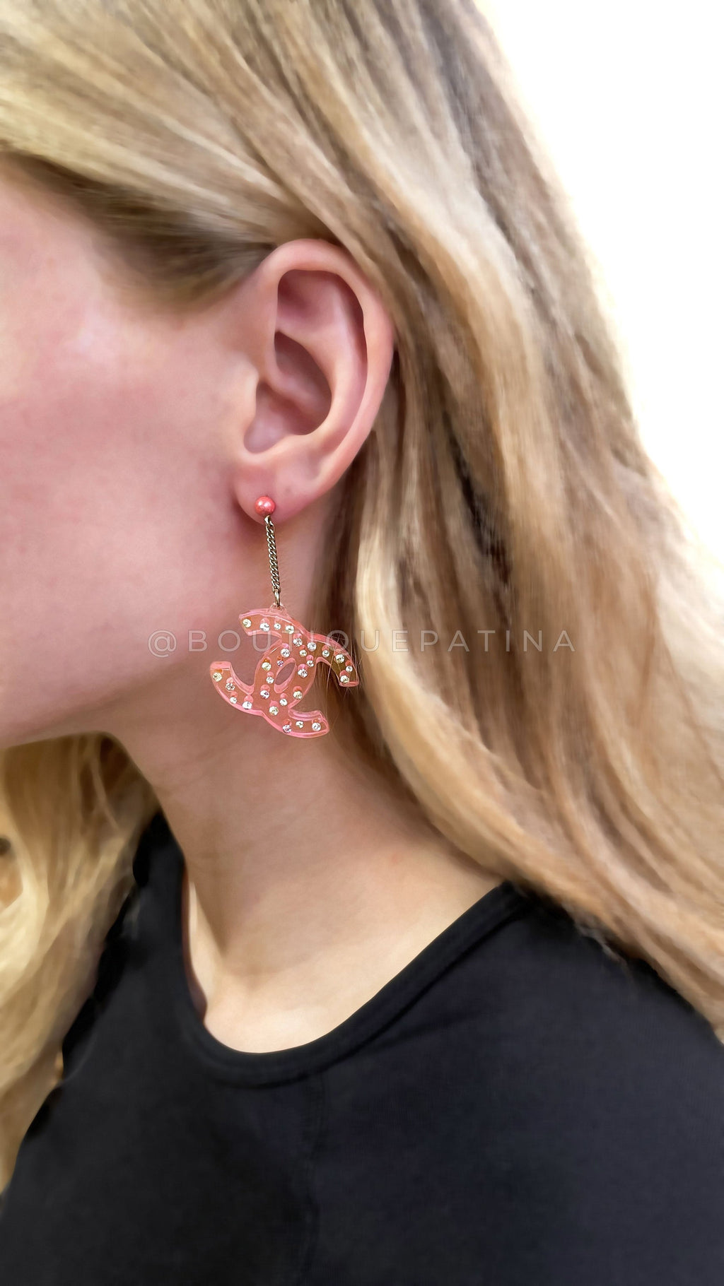 Chanel Vintage 04A Pink Clear Resin CC Logo Crystal Studded Drop Earrings