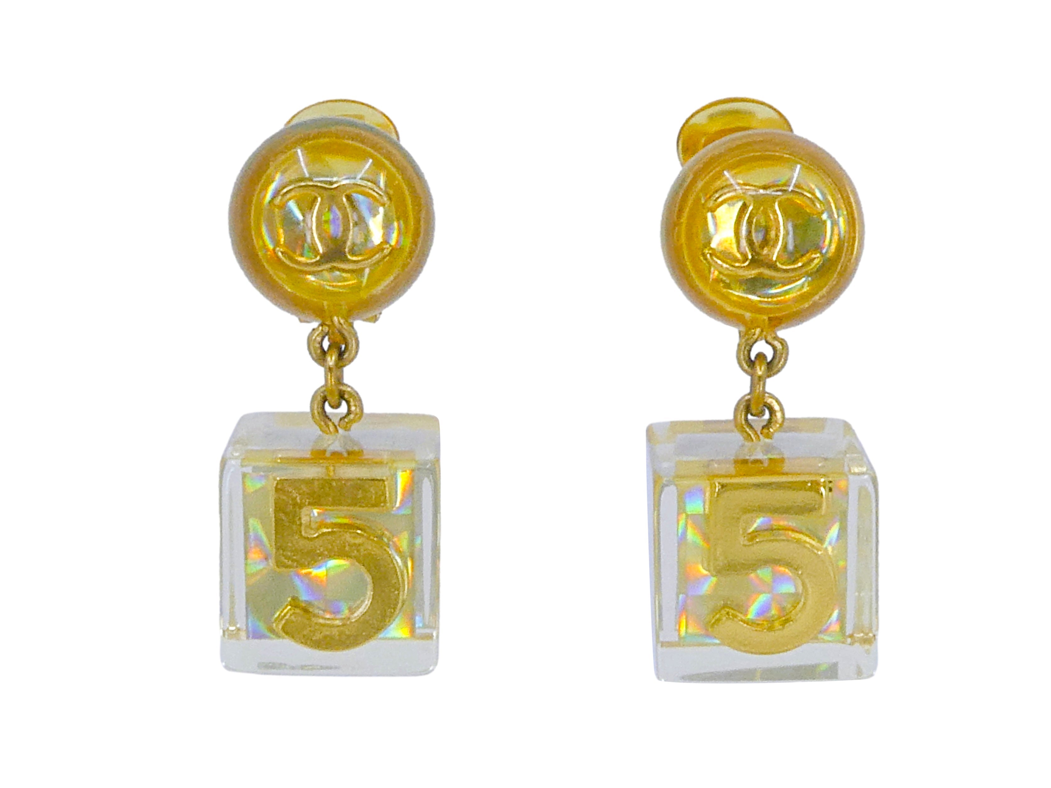 Chanel 97P Vintage Gold Resin No. 5 Cube Drop Earrings