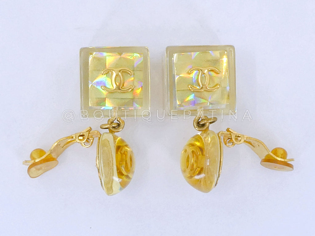 Chanel 97P Vintage Gold Resin No. 5 Cube Drop Earrings
