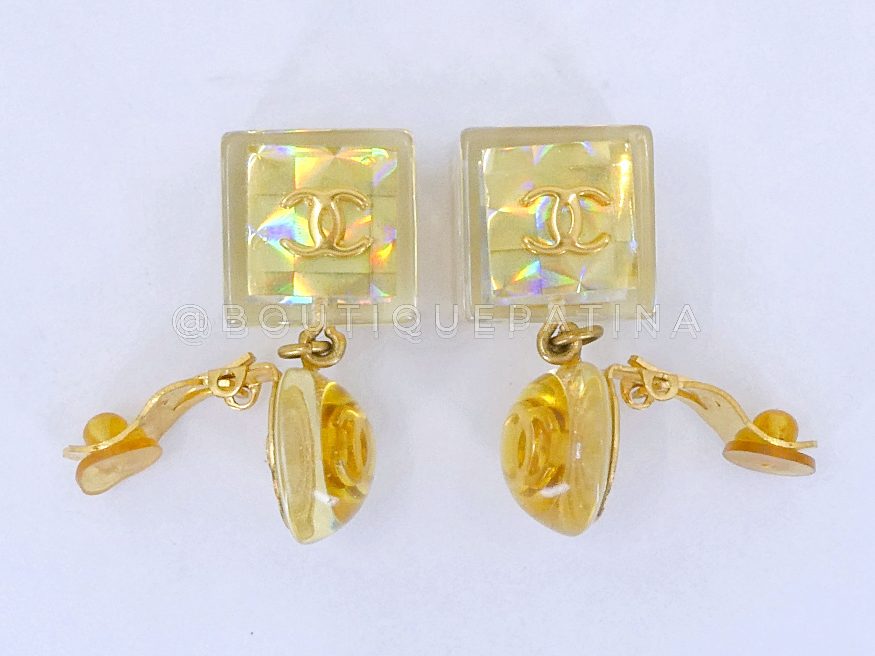 Chanel 97P Vintage Gold Resin No. 5 Cube Drop Earrings