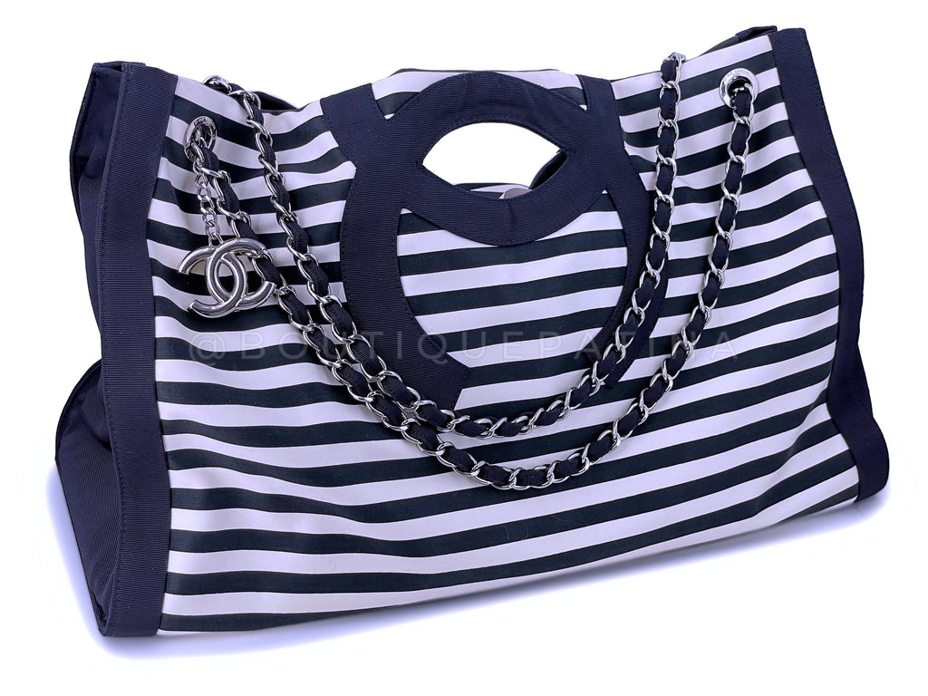 Chanel Navy White Striped Sailor Cruise Shopper Tote Bag SHW