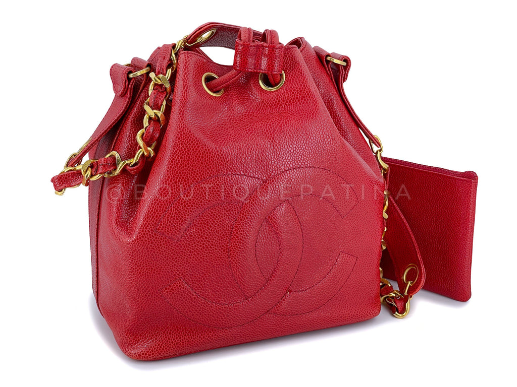 Chanel 1991 Vintage Red Caviar Drawstring Bucket Bag 24k GHW