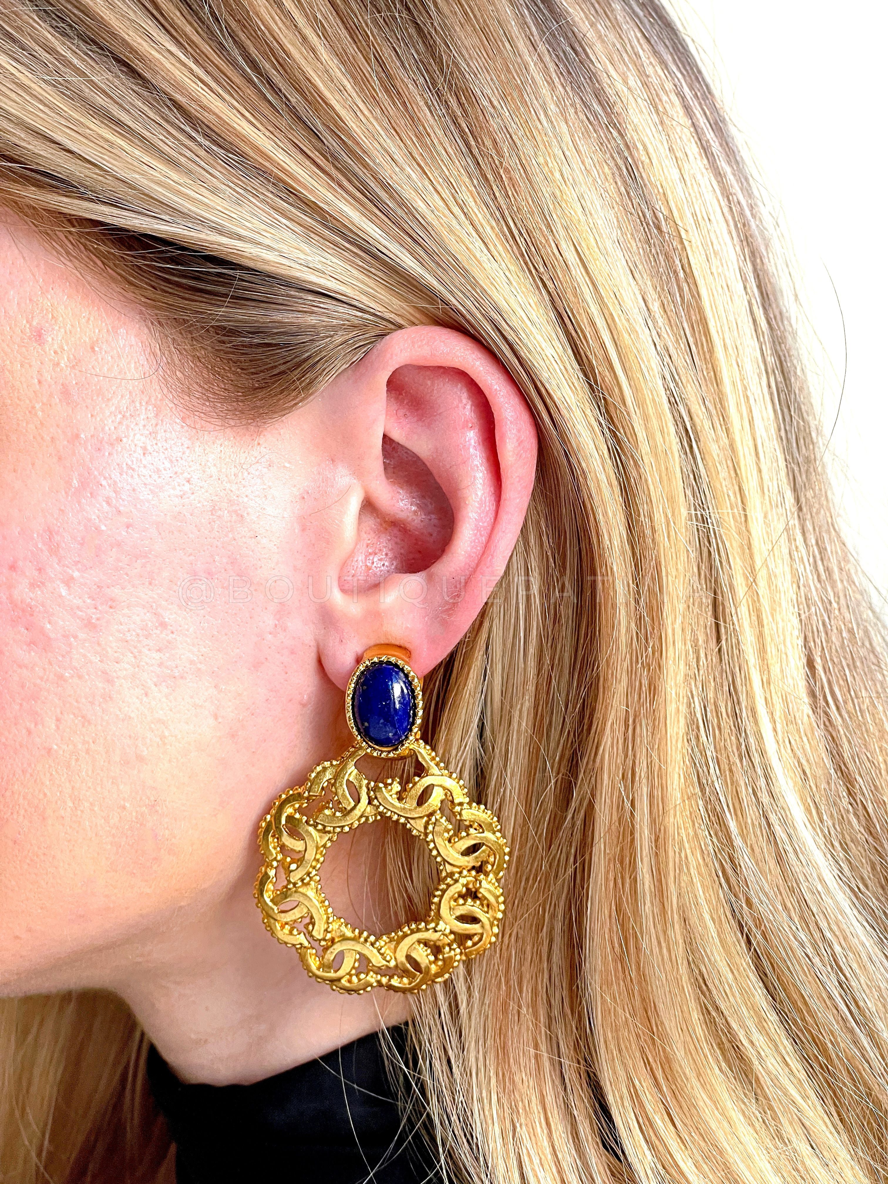 Chanel 96A Vintage Blue Lapis Hoop Door Knocker Drop Earrings