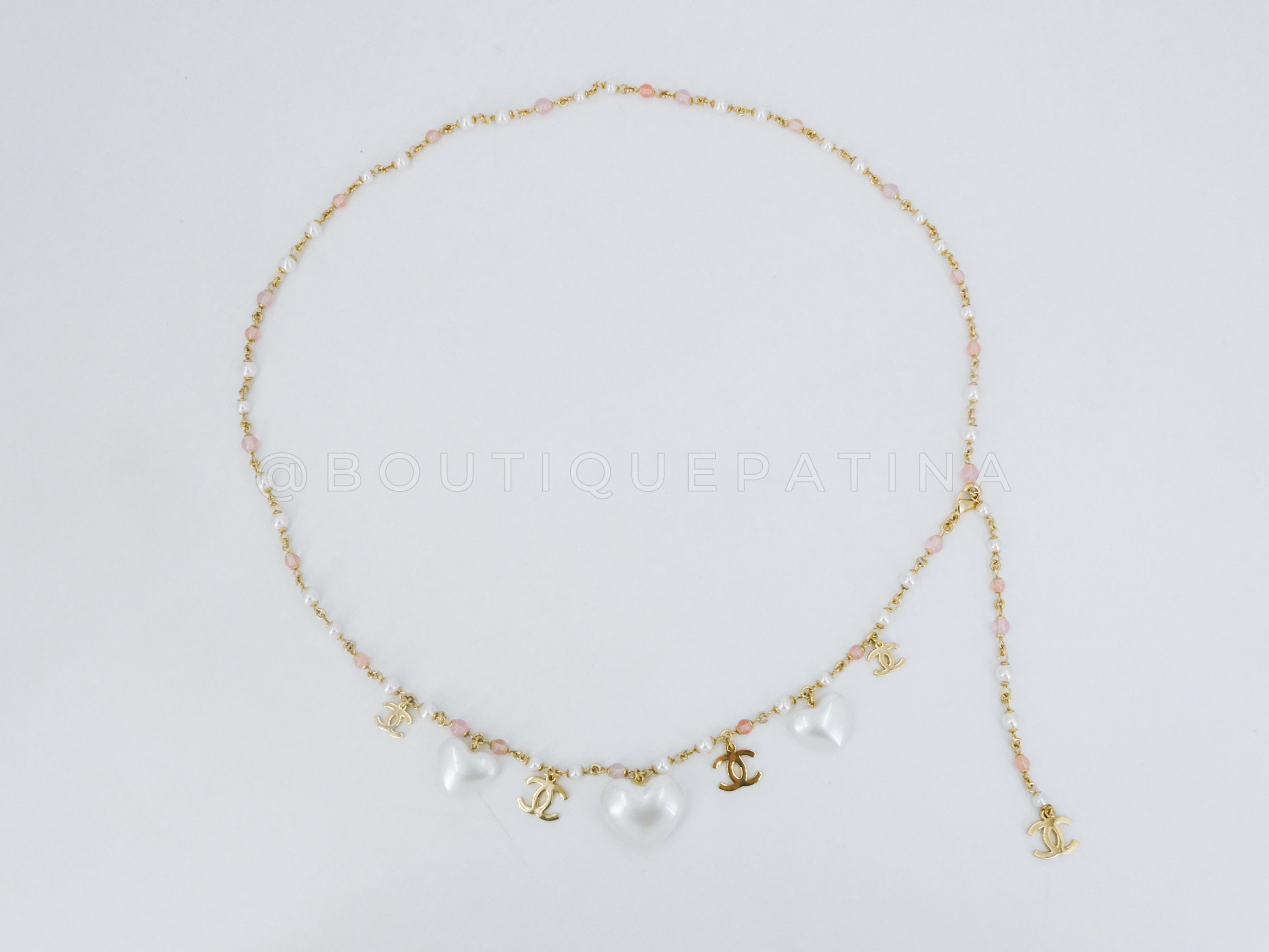 Chanel 21A Coco Neige Pearl Heart CC Belt Necklace